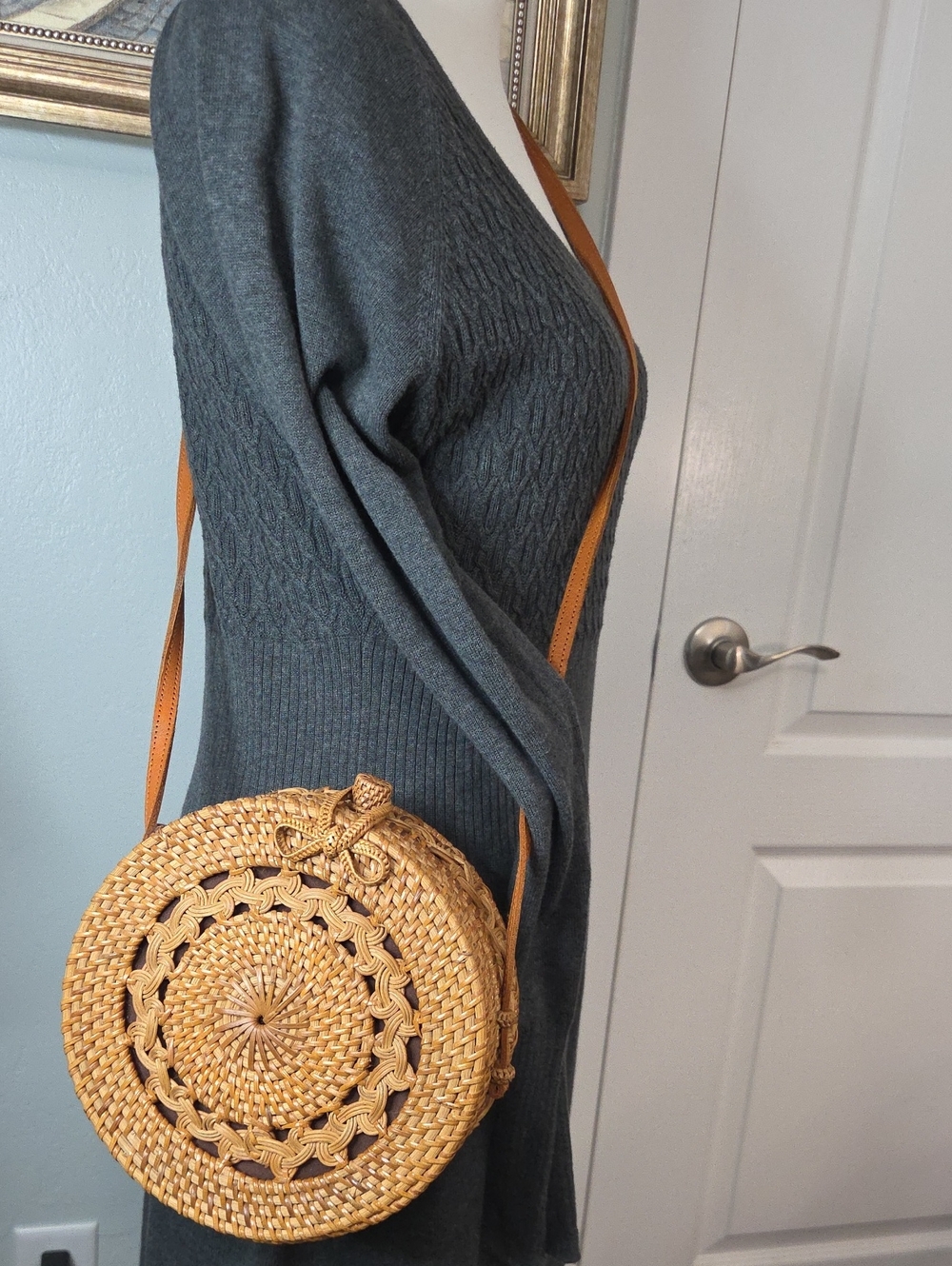 Street Level Woven Round Straw Crossbody Bag With Leather Strap - Tan